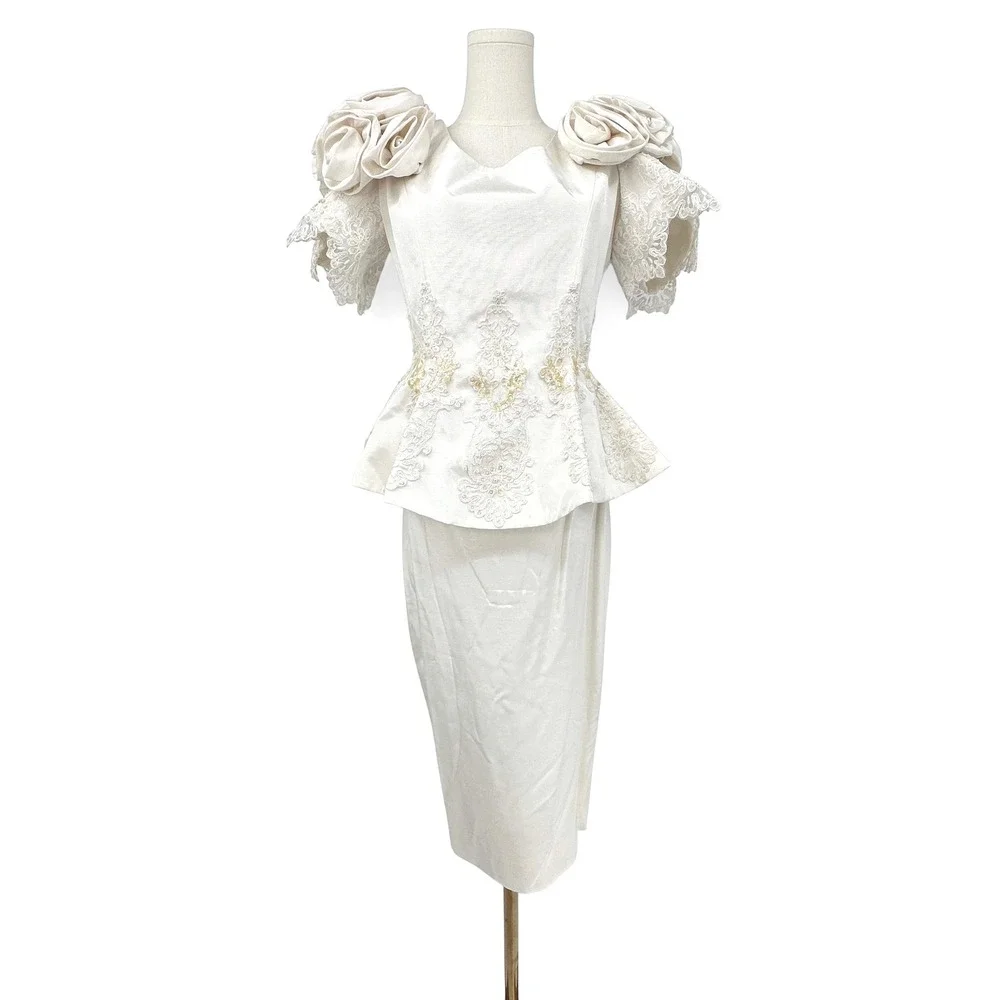 Vintage 80s Ivory Wedding Bridal Suit Set M Rosette Shoulder Lace Beaded‎